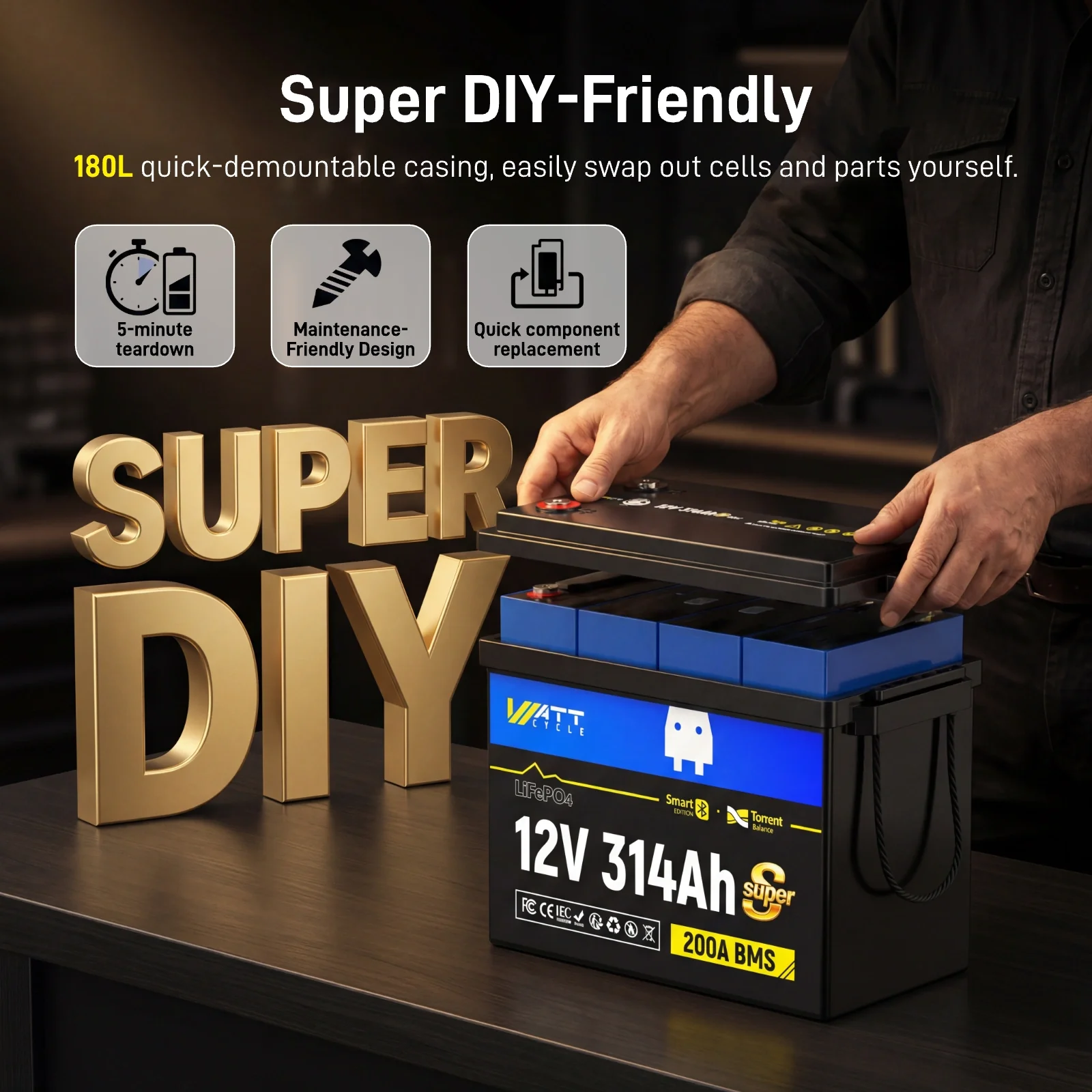 ⚡️Launch Early Bird: $499⚡️WattCycle 12V 314Ah Bluetooth Mini Super LiFePO4 - Active Balancing & DIY Serviceable - Image 5