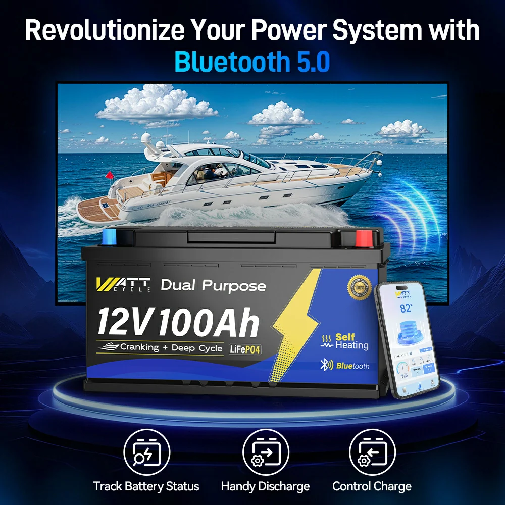 12V 100Ah 1200CCA Dual Purpose Marine Cranking Battery with Bluetooth and Self-heating - Image 6
